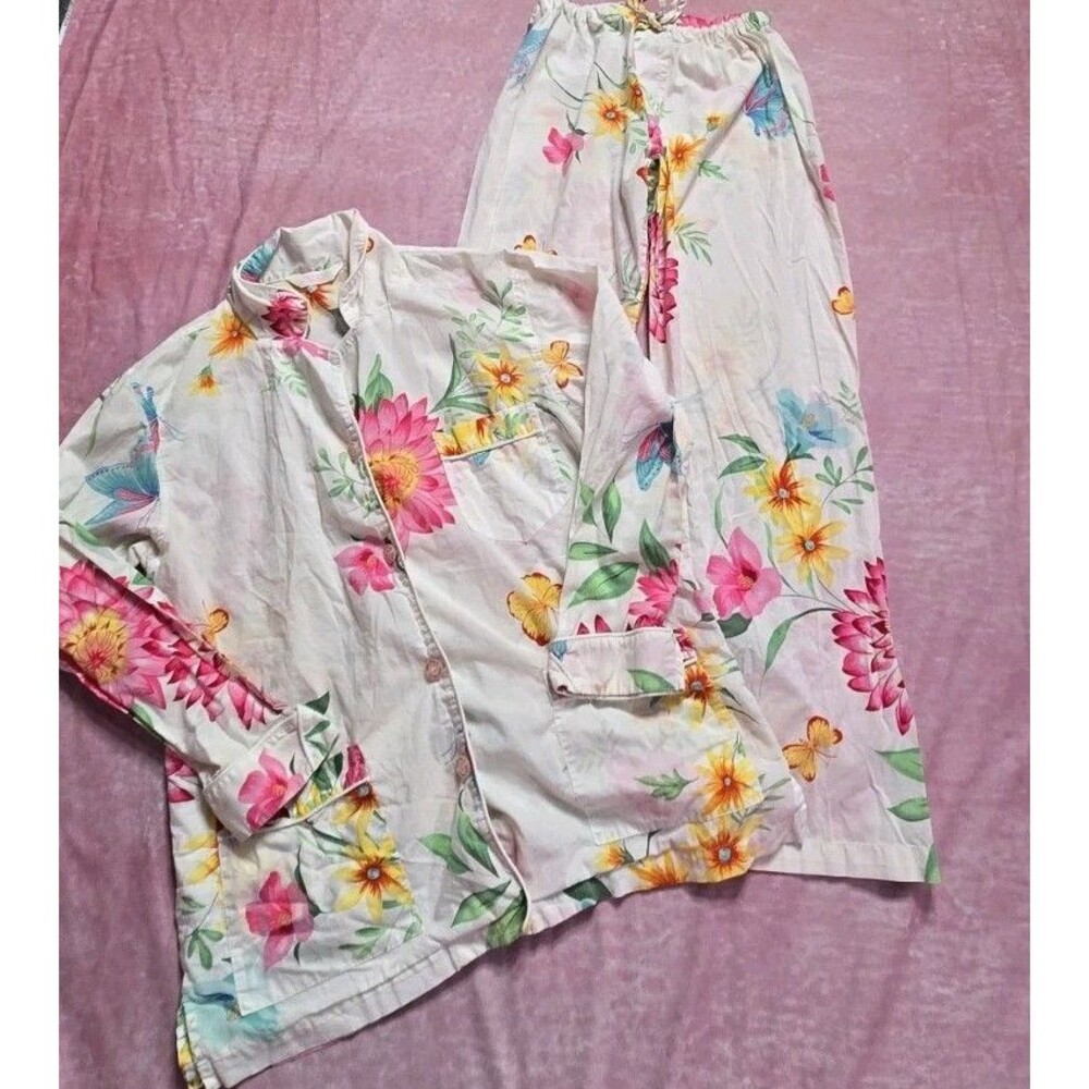 Victoria Secret 2 Piece Floral 100% Cotton Pajama Pants Set Size Medium